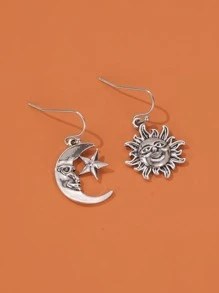 Moon & Sun Charm Drop Earrings - Silver - View 2