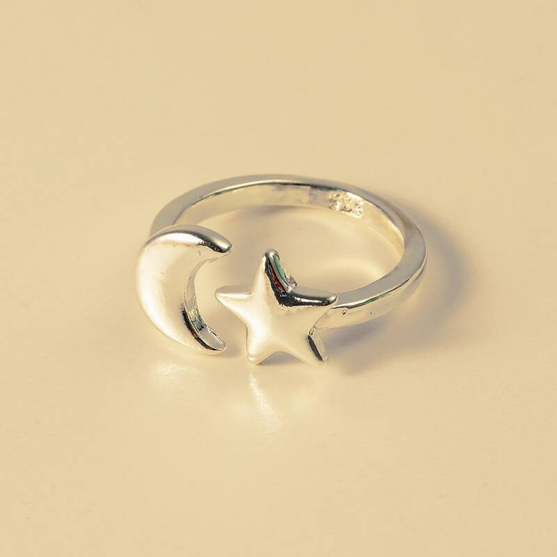 

Star & Moon Decor Cuff Ring, Silver