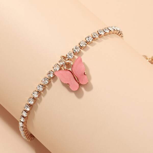 

Butterfly Charm Rhinestone Decor Bracelet, Multicolor