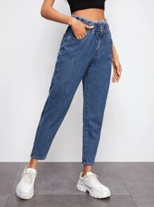 High Waisted Raw Trim Slant Pocket Jeans - Medium Wash - View 1