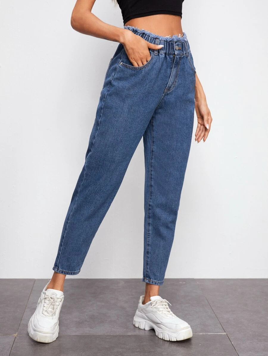 High Waisted Raw Trim Slant Pocket Jeans - Medium Wash - View 1