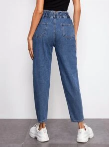 High Waisted Raw Trim Slant Pocket Jeans - Medium Wash - View 2