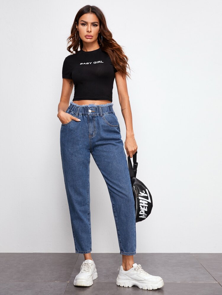 毛邊傾斜口袋牛仔褲 - 中等水洗藍 - 查看 3