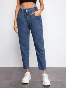 High Waisted Raw Trim Slant Pocket Jeans - Medium Wash - View 4