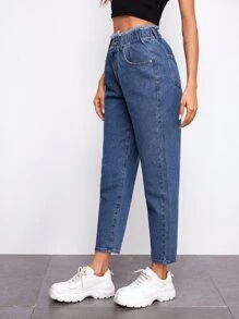 High Waisted Raw Trim Slant Pocket Jeans - Medium Wash - View 5