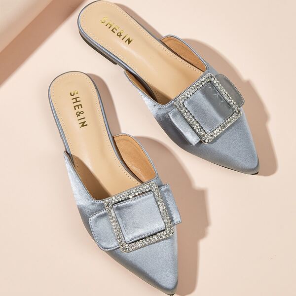 

Rhinestone Decor Satin Flat Mules, Grey