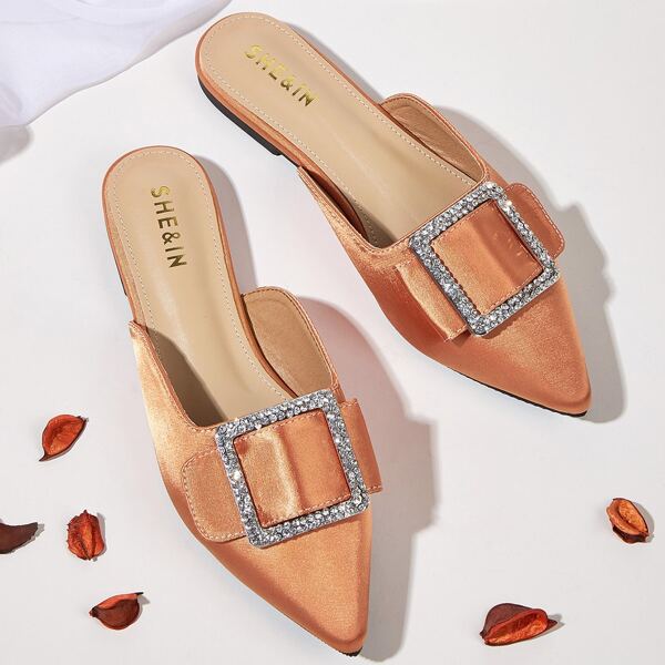 

Rhinestone Decor Satin Flat Mules, Orange