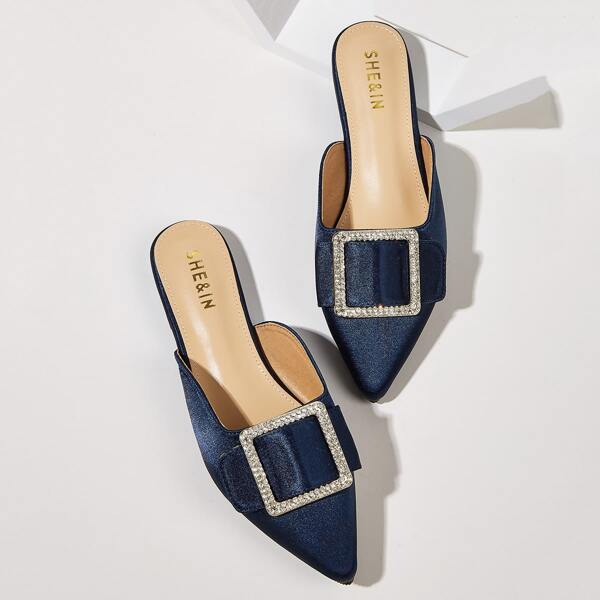 

Rhinestone Decor Satin Flat Mules, Royal blue