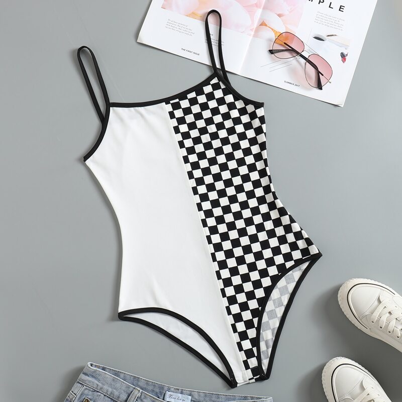 

Checkerboard Two Tone Cami Bodysuit, Black and white