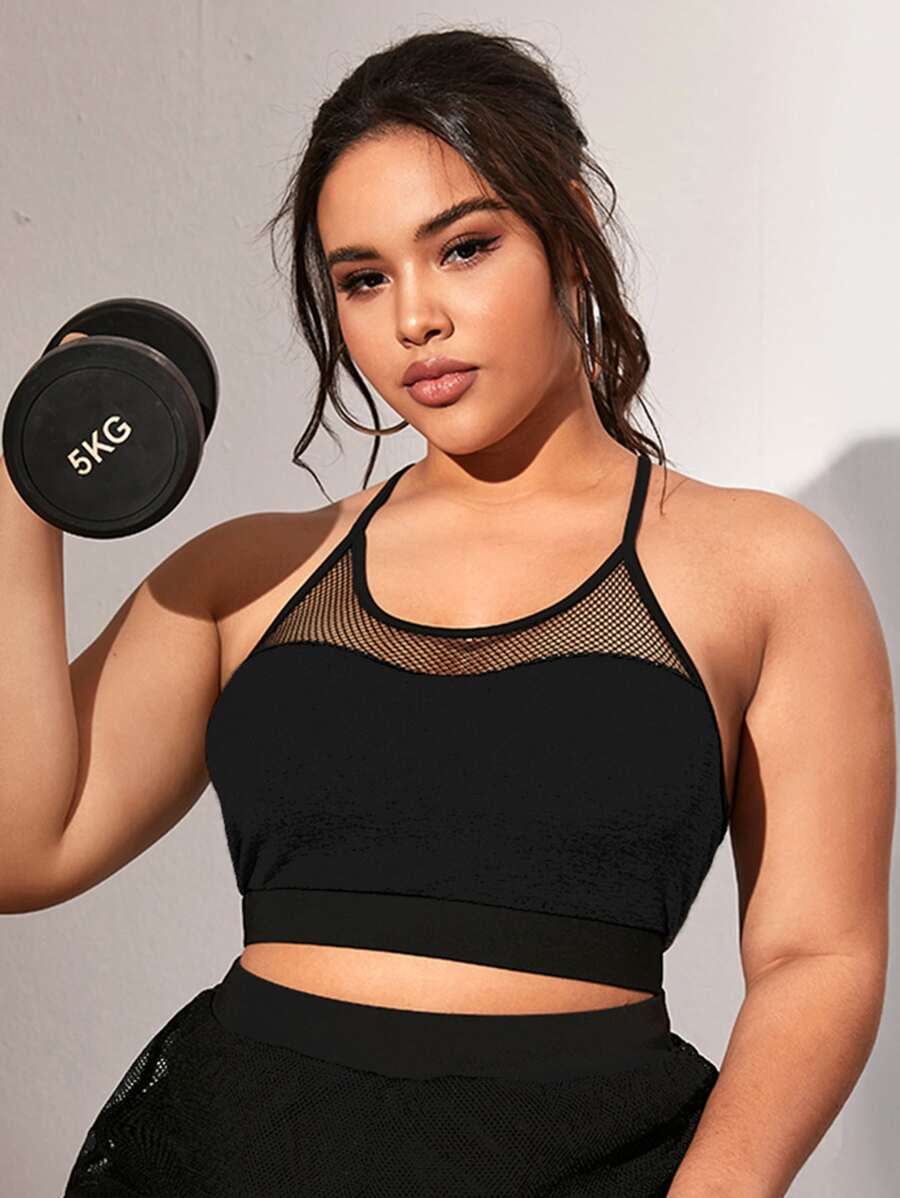 Plus Contrast Fishnet Sports Bra | SHEIN USA