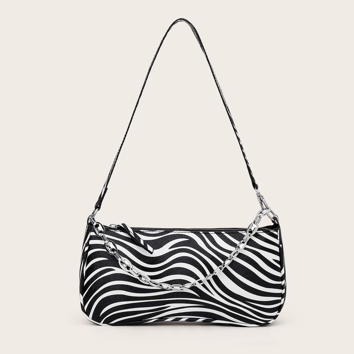 

Chain Decor Zebra Print Baguette Bag, Black