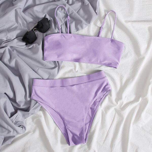 

Solid High Waisted Bikini Swimsuit, Pastel lilac purple