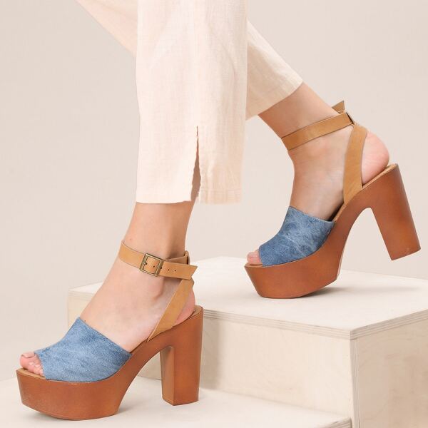 

Denim Band Ankle Strap Platform Heels, Blue