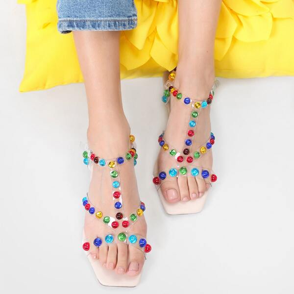 

Square Toe Multi Colored Rhinestone Strappy Sandals, Multicolor