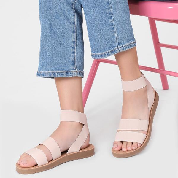 

Twin Bands Open Toe Stretchy Ankle Strap Sandals, Beige