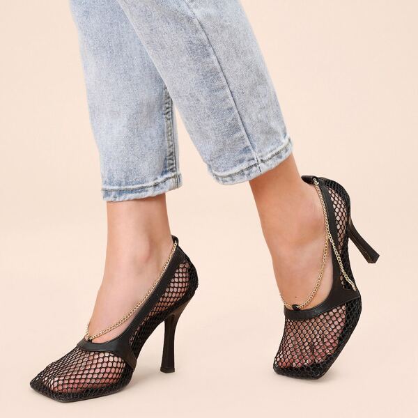 

Square Toe Chain Detail Mesh Stiletto Pumps, Black
