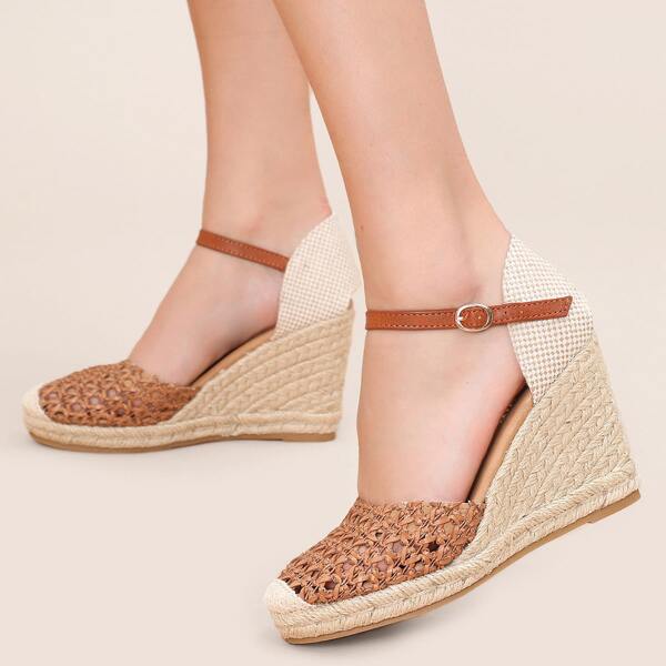 

Toe Cap Weave Detail Bucked Ankle Wedge Sandals, Multicolor