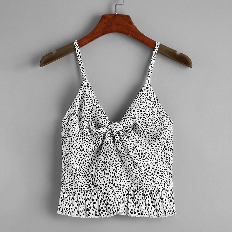 

Knot Front Shirred Dalmatian Cami Top, Black and white