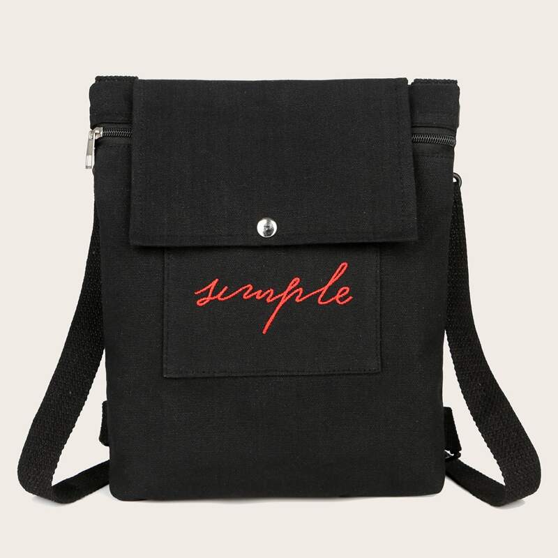 

Letter Embroidered Canvas Backpack, Black