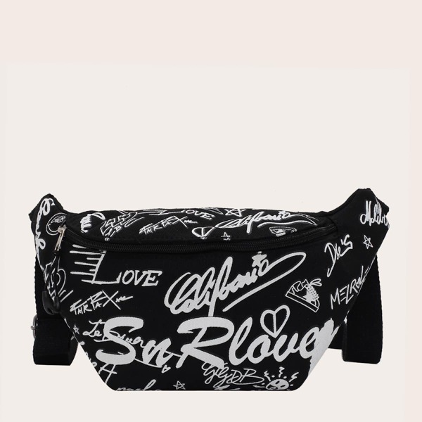 

Allover Letter Graphic Fanny Pack, Black