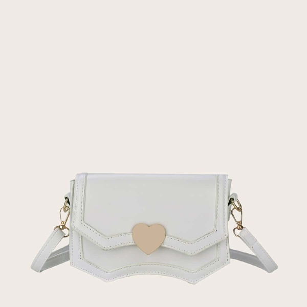 

Metal Heart Decor Flap Crossbody Bag, White