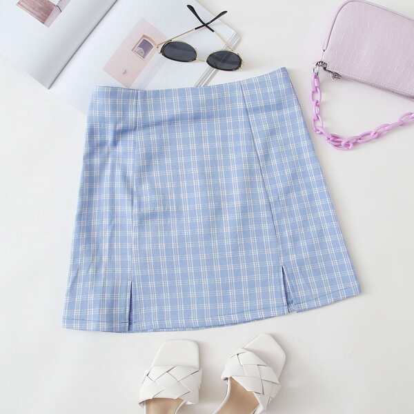 

Plaid Slit Hem Mini A-line Skirt, Baby blue