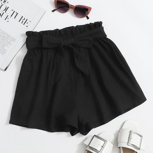 

Solid Paperbag Waist Belted Shorts, Black