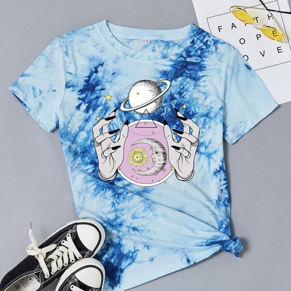 

Tie Dye And Hand Print Tee, Blue