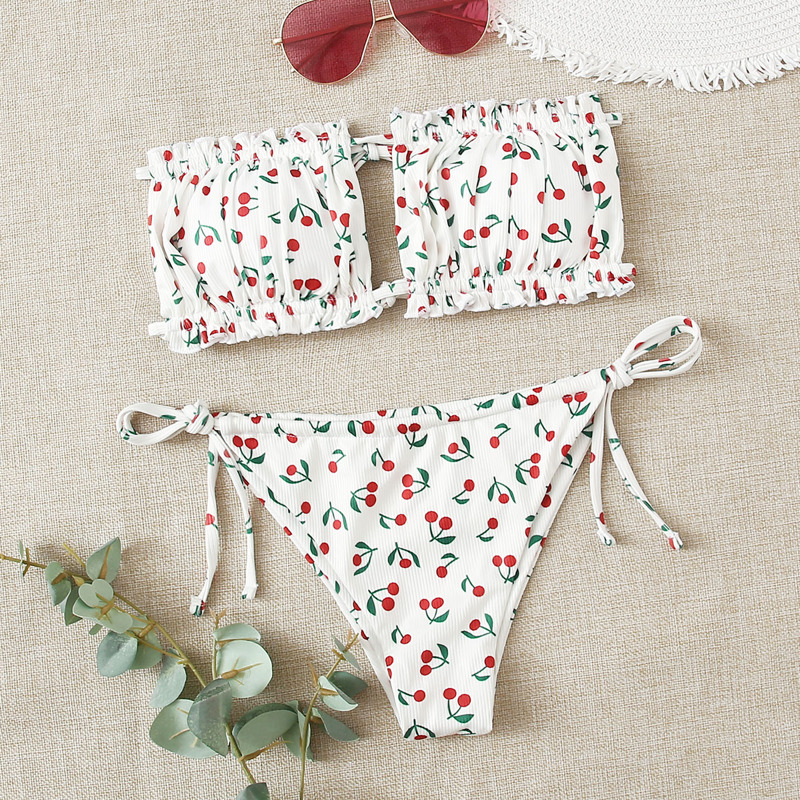 

Cherry Print Rib Bandeau Tie Side Bikini Swimsuit, White