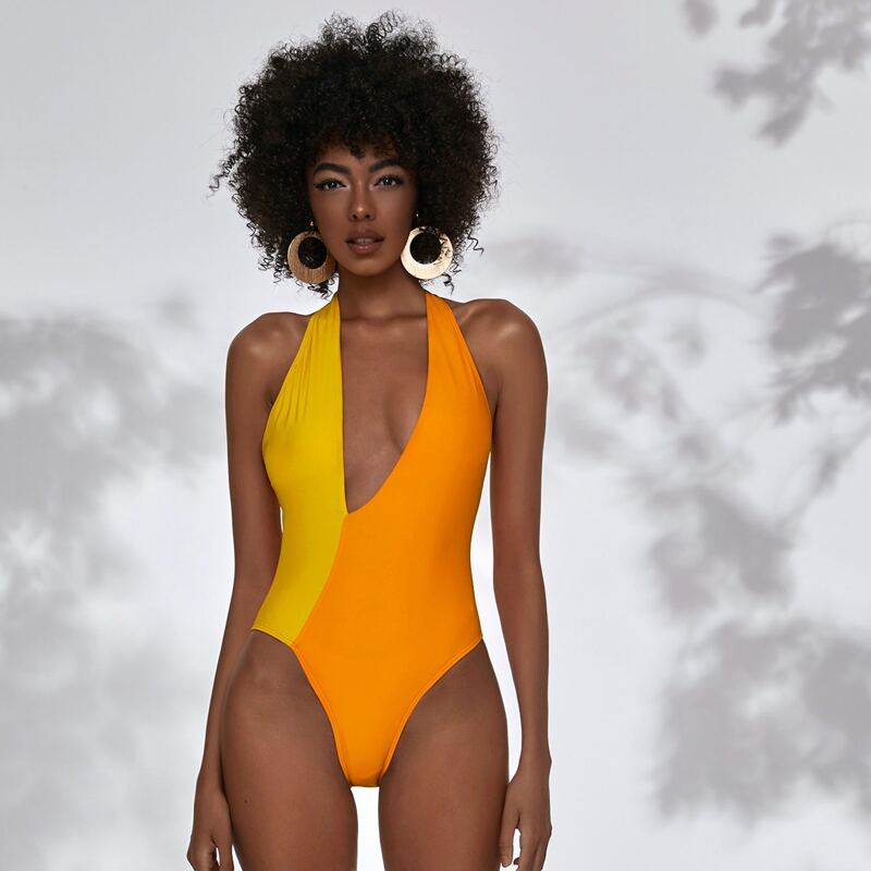 

Color Block Plunging Neck One Piece Swimsuit, Orange bright