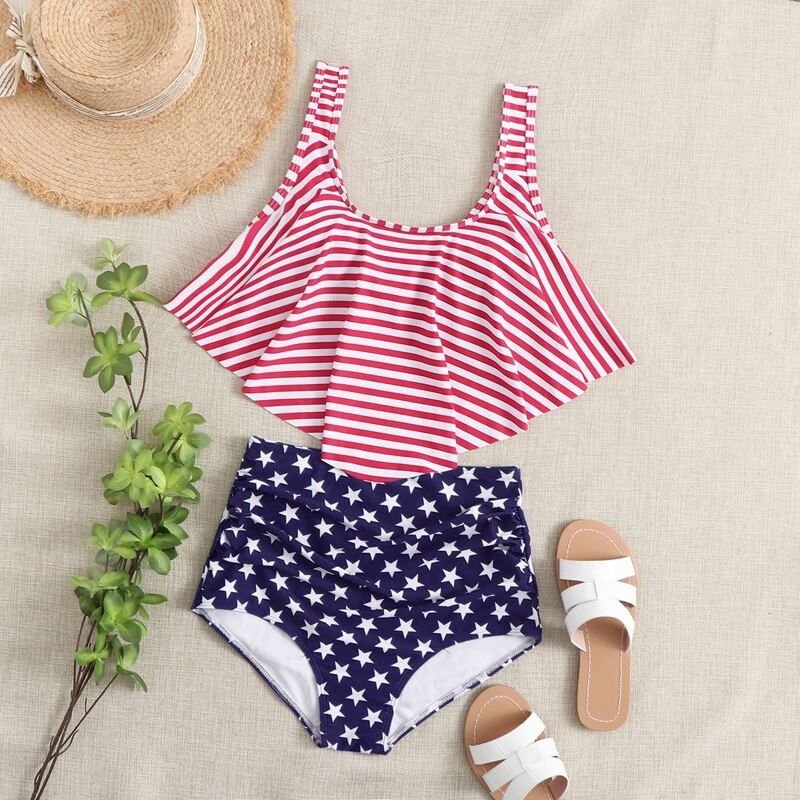 

Star & Striped Hanky Hem High Waisted Bikini Swimsuit, Multicolor