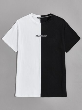 تي شيرت متصل قطن منخفض الاكتاف مطرز حرف للرجال