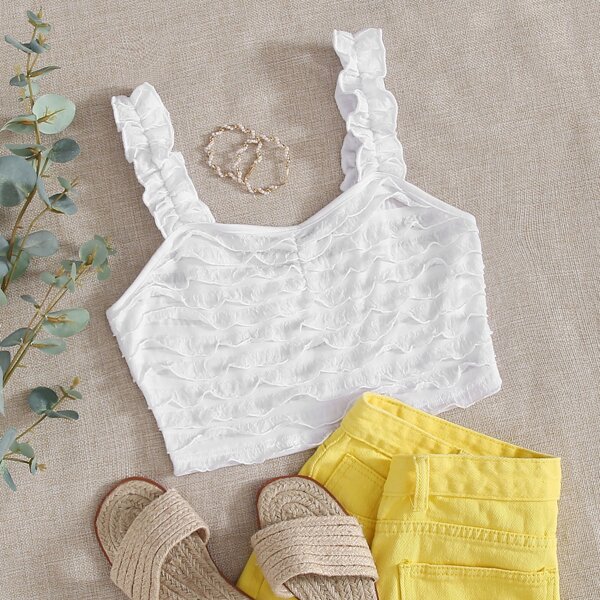 

Frill Trim Ruched Pleated Top, White