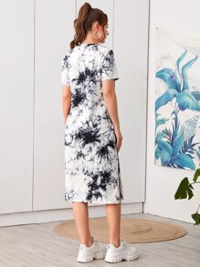 SHEIN 孕婦裝紮染開衩下擺T恤洋裝 - 黑與白 - 查看 2