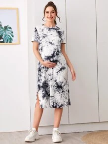 SHEIN 孕婦裝紮染開衩下擺T恤洋裝 - 黑與白 - 查看 3