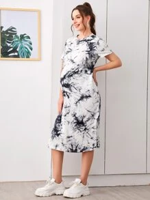 SHEIN 孕婦裝紮染開衩下擺T恤洋裝 - 黑與白 - 查看 4