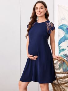 SHEIN Maternidad vestido de manga raglán con encaje de espalda con abertura de ojo - Azul Marino - Ver 1