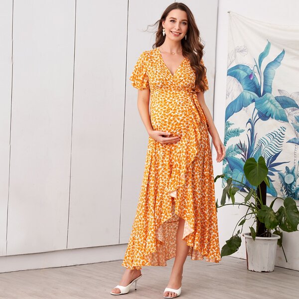 

Maternity Wrap Ruffle Hem Floral Dress, Orange