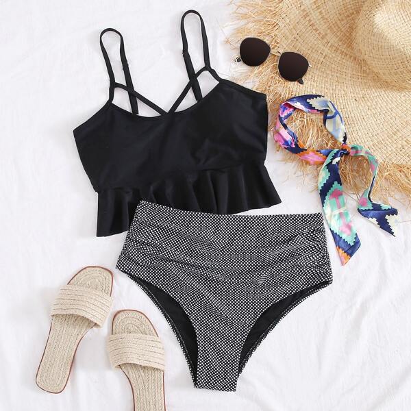 

Polka Dot Ruffle Hem High Waisted Bikini Swimsuit, Black