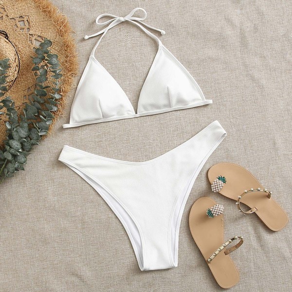 

Plus Rib Triangle High Cut Bikini Swimsuit, White