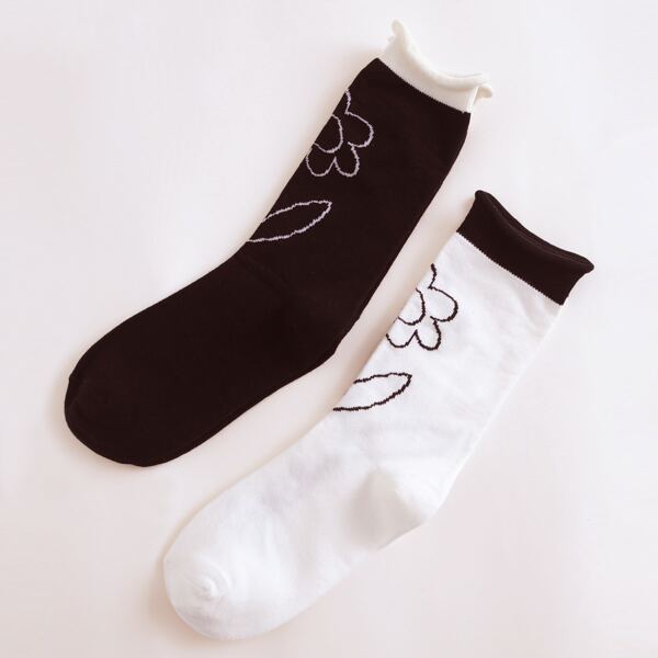 

2pairs Floral Pattern Socks, Black and white