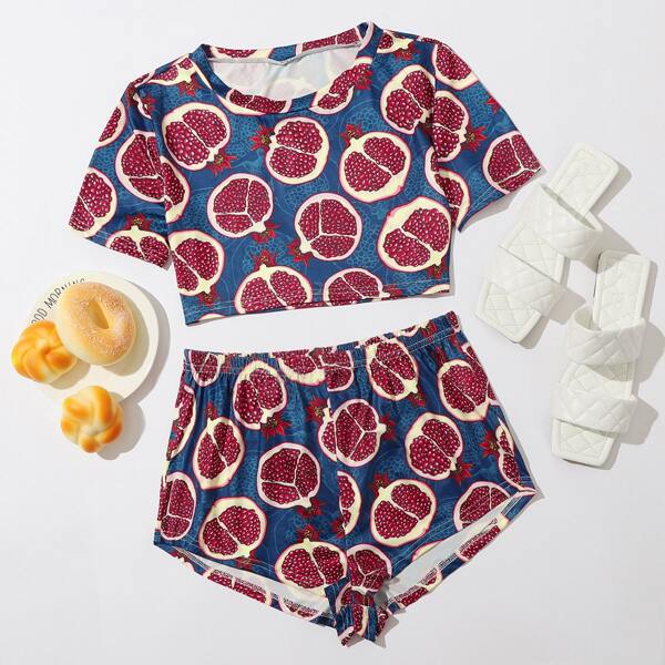 

Allover Pomegranate Print Pajama Set, Multicolor