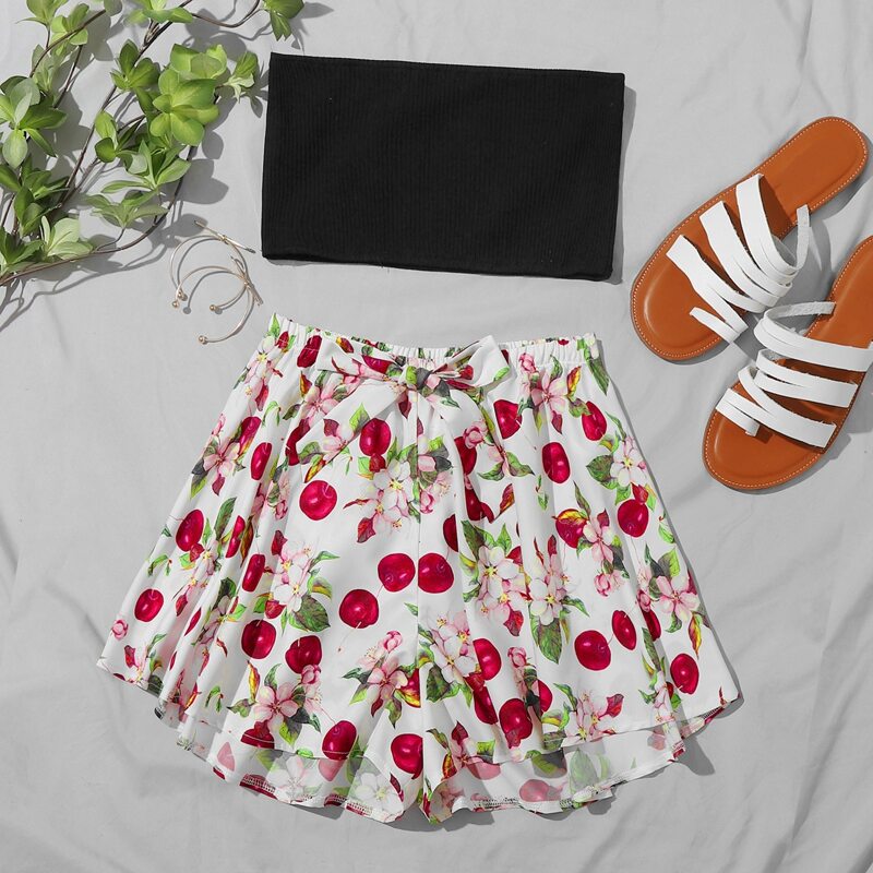 

Solid Tube Top & Floral And Fruit Print Shorts Pajama Set, Multicolor