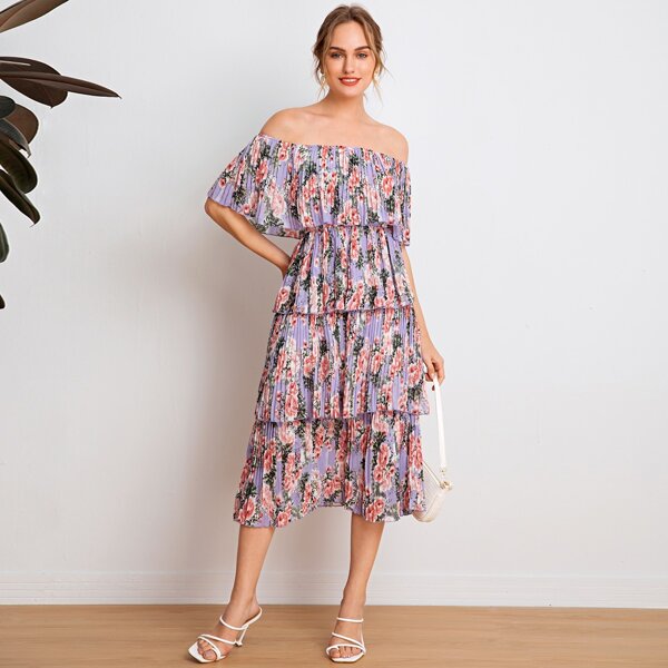 

Ruffle Off Shoulder Layered Pleated Floral Dress, Lilac purple