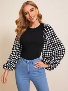 SHEIN Clasi Houndstooth Blouson Sleeve Form Fitted Top - Black - View 1