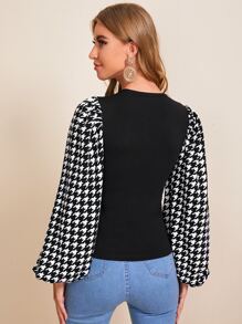 SHEIN Clasi Houndstooth Blouson Sleeve Form Fitted Top - Black - View 2