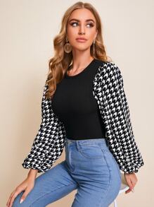 SHEIN Clasi Houndstooth Blouson Sleeve Form Fitted Top - Black - View 3