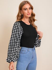 SHEIN Clasi Houndstooth Blouson Sleeve Form Fitted Top - Black - View 4