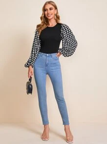 SHEIN Clasi Houndstooth Blouson Sleeve Form Fitted Top - Black - View 5