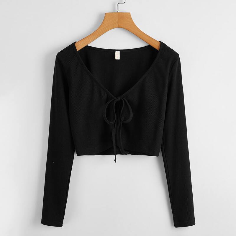 

Black Tie Front Ribbed Crop Top
